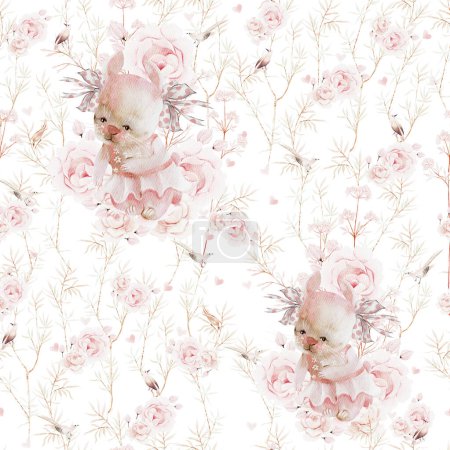 Téléchargez les photos : Aquarelle motif floral sans couture avec des fleurs roses et lapin élégant. Illustration - en image libre de droit