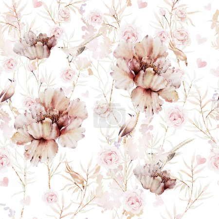 Téléchargez les photos : Aquarelle motif sans couture avec de belles fleurs de pivoine, roses, feuilles. - en image libre de droit