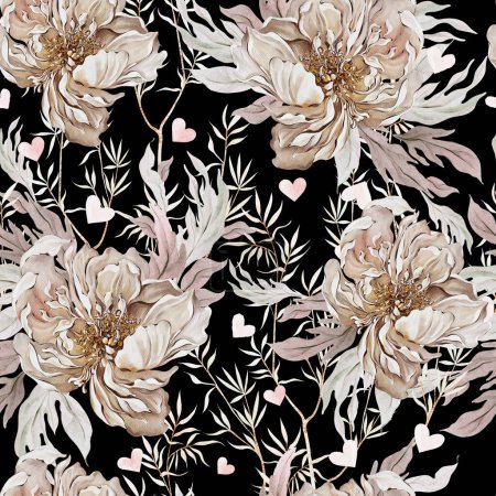 Téléchargez les photos : Aquarelle motif sans couture avec de belles fleurs pivoines, roses, feuilles et coeurs.Illustration - en image libre de droit