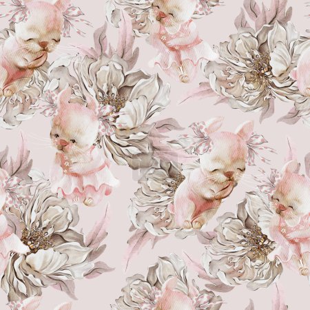 Foto de Patrón sin costura floral de acuarela con flores de rosa y conejito elegante. Ilustración - Imagen libre de derechos