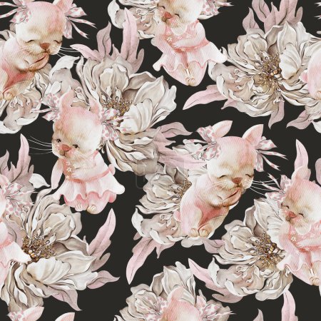 Téléchargez les photos : Aquarelle motif floral sans couture avec des fleurs roses et lapin élégant. Illustration - en image libre de droit