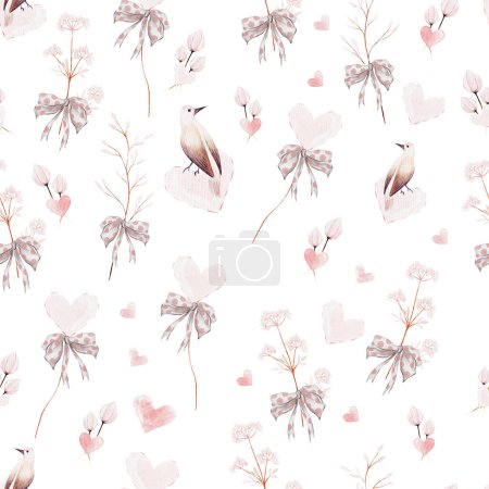 Téléchargez les photos : Aquarelle motif sans couture avec des feuilles de branches et d'oiseaux. - en image libre de droit