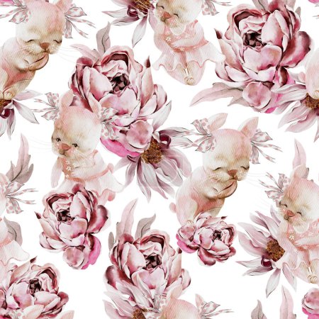 Photo for Watercolor floral seamless pattern with rose flowers and elegant bunny. Illustration - Royalty Free Image
