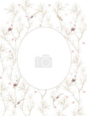 Téléchargez les photos : Cadre aquarelle avec branches brunes et oiseaux. Illustration - en image libre de droit