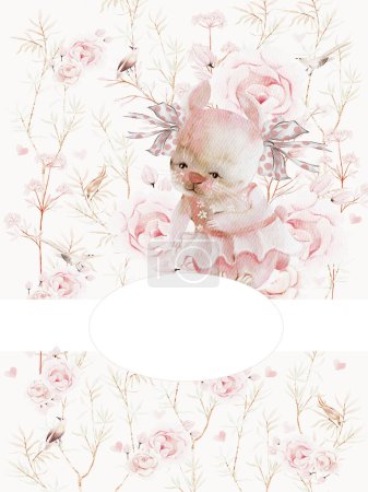 Téléchargez les photos : Cadre aquarelle avec de belles fleurs et un lapin.Illustration - en image libre de droit