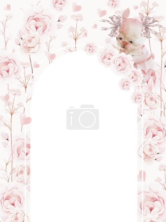 Téléchargez les photos : Cadre aquarelle avec de belles fleurs et un lapin.Illustration - en image libre de droit