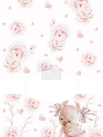 Photo for Watercolor frame with beautiful flowers and a bunny.Illustration - Royalty Free Image