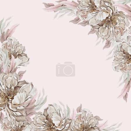 Téléchargez les photos : Cadre aquarelle avec de belles fleurs roses et pivoines.Illustration - en image libre de droit