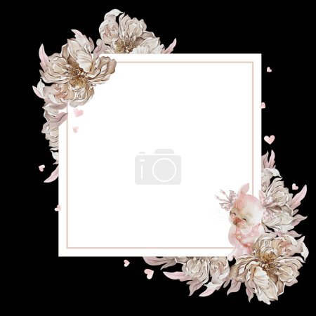 Photo for Watercolor frame with beautiful peony rose flowers and bunny.Illustration - Royalty Free Image