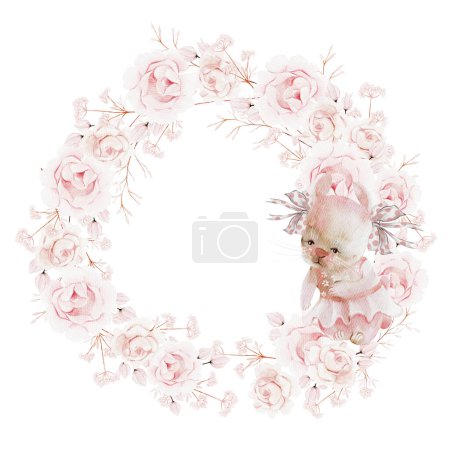 Téléchargez les photos : Couronne aquarelle avec de belles fleurs de pivoine rose et lapin. Illustration - en image libre de droit