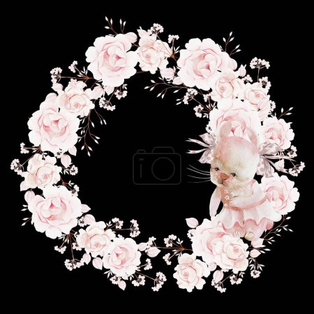 Photo for Watercolor wreath with beautiful peony rose flowers and bunny. Illustration - Royalty Free Image