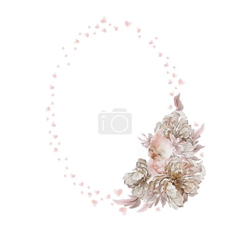 Téléchargez les photos : Carte aquarelle avec de belles fleurs rose pivoine et bunny.Illustration - en image libre de droit