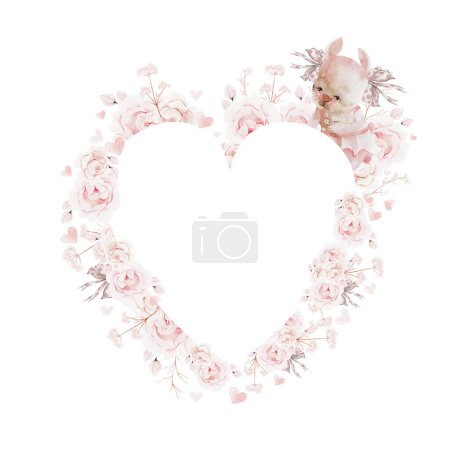 Téléchargez les photos : Coeur aquarelle avec de belles fleurs roses pivoine et lapin.Illustration - en image libre de droit