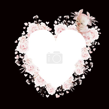 Photo for Watercolor heart with beautiful peony rose flowers and bunny.Illustration - Royalty Free Image