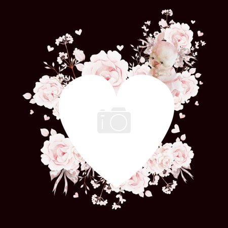 Téléchargez les photos : Coeur aquarelle avec de belles fleurs roses pivoine et lapin.Illustration - en image libre de droit