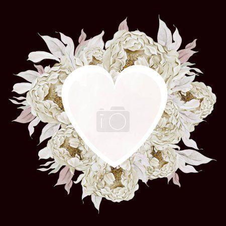 Téléchargez les photos : Coeur aquarelle avec de belles fleurs et feuilles de pivoine rosée.Illustration - en image libre de droit