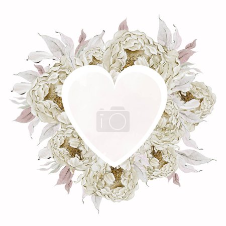 Téléchargez les photos : Coeur aquarelle avec de belles fleurs et feuilles de pivoine rosée.Illustration - en image libre de droit