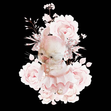 Téléchargez les photos : Bouquet aquarelle avec des fleurs de rose pivoine et un lapin.Illustration - en image libre de droit