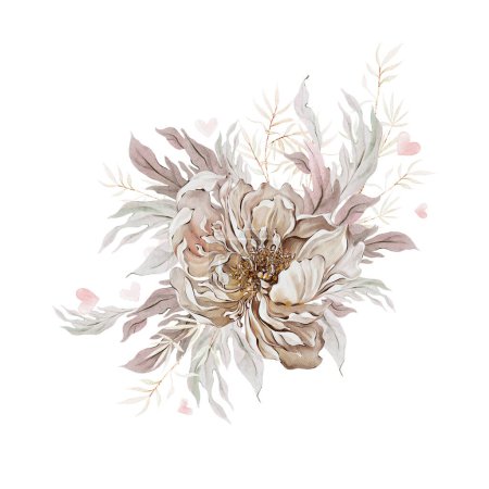 Téléchargez les photos : Bouquet aquarelle avec de belles fleurs et feuilles de rose pivoine.Illustration - en image libre de droit