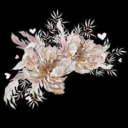 Téléchargez les photos : Bouquet aquarelle avec de belles fleurs et feuilles de rose pivoine.Illustration - en image libre de droit
