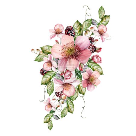 Téléchargez les photos : Bouquet de fête aquarelle de belles fleurs et mûres fruitées aux feuilles vertes. Illustration - en image libre de droit