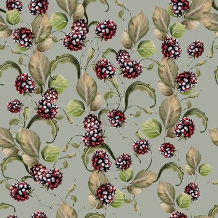Photo for Watercolor seamless pattern of blackberries with green leaves. Illustration - Royalty Free Image