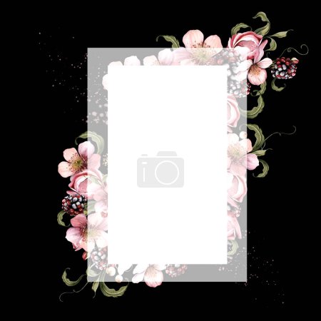 Photo for Watercolor festive invitation frame made of flowers and fruit berries with green leaves. Illustration - Royalty Free Image