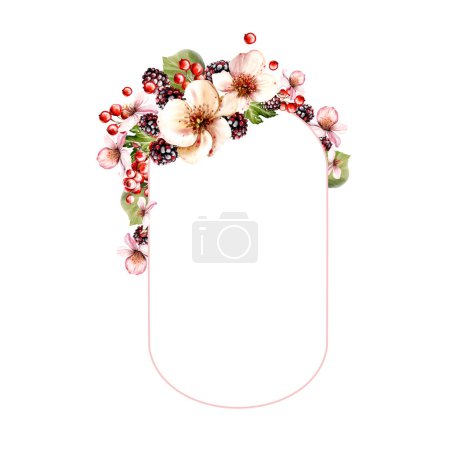Téléchargez les photos : Aquarelle cadre d'invitation festive faite de fleurs et de baies de fruits aux feuilles vertes. Illustration - en image libre de droit