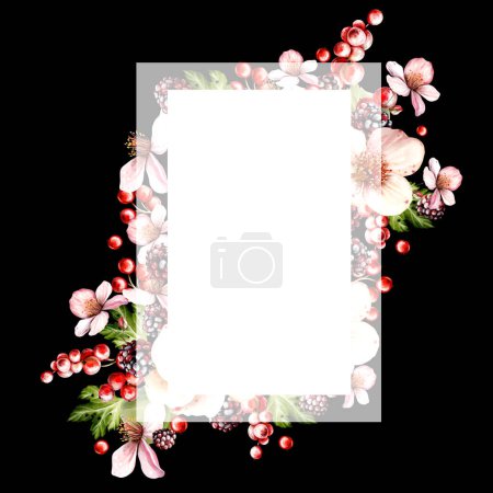 Photo for Watercolor festive invitation frame made of flowers and fruit berries with green leaves. Illustration - Royalty Free Image