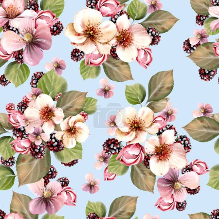 Photo for Watercolor seamless pattern of beautiful flowers and  blackberries with green leaves. Illustration - Royalty Free Image