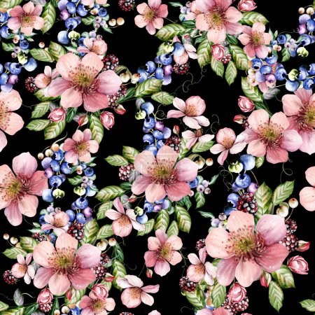 Photo for Watercolor seamless pattern of beautiful flowers and blackberries with green leaves. Illustration - Royalty Free Image