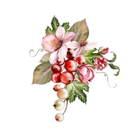 Téléchargez les photos : Bouquet de fête aquarelle de belles fleurs et mûres fruitées aux feuilles vertes. Illustration - en image libre de droit