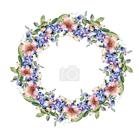 Foto de Acuarela marco de invitación festiva hecha de flores y bayas de frutas con hojas verdes. Ilustración - Imagen libre de derechos