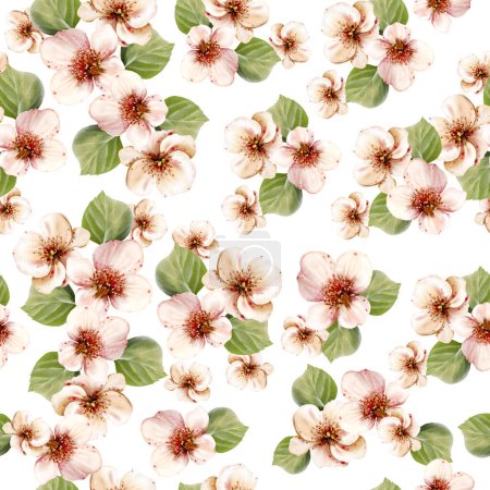 Photo for Watercolor seamless pattern of flowers and green leaves. Illustratio - Royalty Free Image