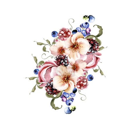 Photo for Watercolor bright bouquet of beautiful flowers and fruity blackberries with green leaves. Illustration - Royalty Free Image