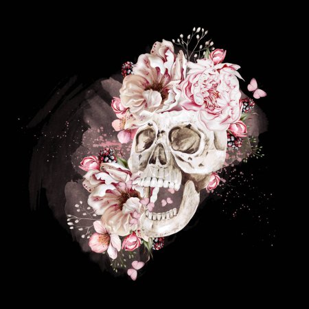 Foto de Tarjeta de acuarela con cráneo y flores de peonía rosa. Ilustración - Imagen libre de derechos