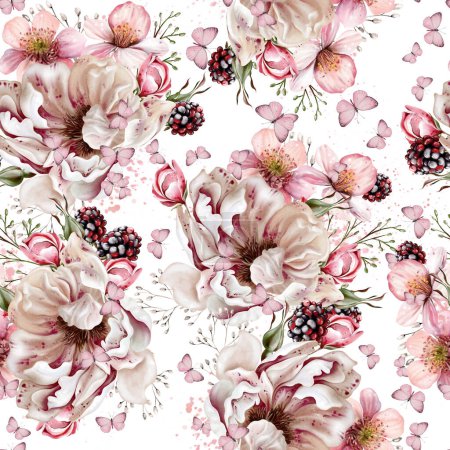 Foto de Patrón sin costura floral tierno acuarela con flores de peonía y hierbas. Ilustración - Imagen libre de derechos