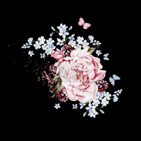 Téléchargez les photos : Bouquet aquarelle aux herbes et fleurs pivoines roses. Illustration - en image libre de droit