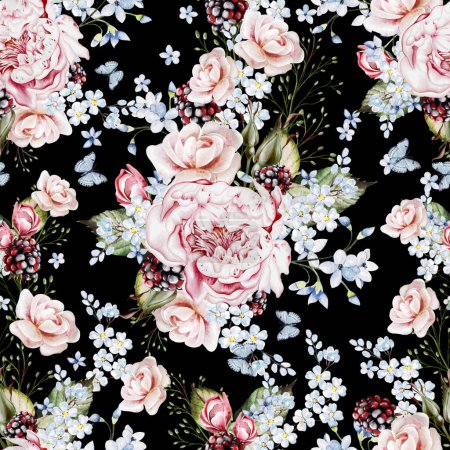 Téléchargez les photos : Aquarelle tendre motif floral sans couture avec des fleurs de pivoine et des herbes. Illustration - en image libre de droit