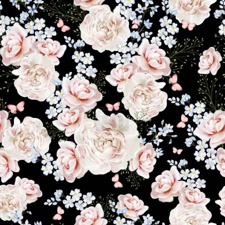 Foto de Patrón sin costura floral tierna acuarela con rosas rosas rosas flores y hierbas silvestres. Ilustración - Imagen libre de derechos