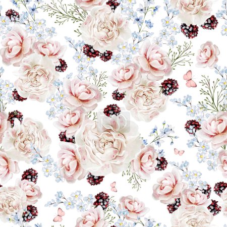 Téléchargez les photos : Aquarelle tendre motif floral sans couture avec des fleurs de pivoine, des baies et des herbes. Illustration - en image libre de droit