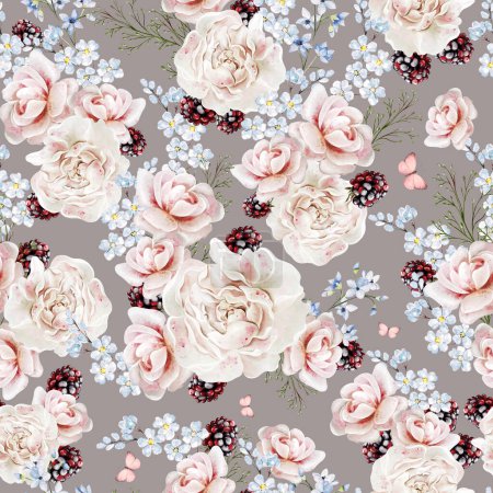 Photo for Watercolor tender floral seamless pattern with peony flowers, berries and herbs. Illustration - Royalty Free Image