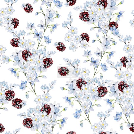Foto de Patrón sin costura floral tierno acuarela con flores y bayas azules. Ilustración - Imagen libre de derechos