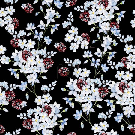 Foto de Patrón sin costura floral tierno acuarela con flores y bayas azules. Ilustración - Imagen libre de derechos