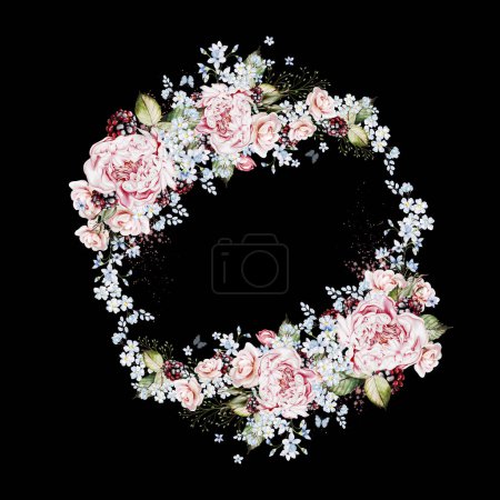 Photo for Watercolor wreath with peony  and herbs, berries.  Illustration - Royalty Free Image