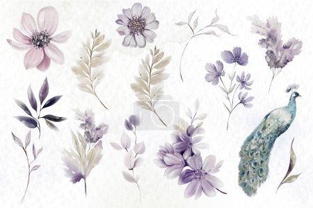 Téléchargez les photos : Aquarelle sertie de différentes feuilles et fleurs. Illustration - en image libre de droit