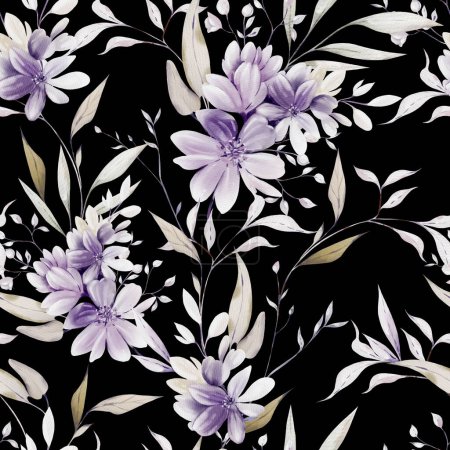 Téléchargez les photos : Motif aquarelle avec les fleurs violettes et les herbes sauvages. Illustration - en image libre de droit