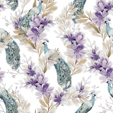Téléchargez les photos : Motif aquarelle avec les différentes fleurs violettes et herbes sauvages, oiseau de paon. Illustration - en image libre de droit