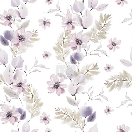 Téléchargez les photos : Motif aquarelle avec les fleurs violettes et roses et les herbes sauvages. Illustration - en image libre de droit
