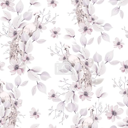 Téléchargez les photos : Motif aquarelle avec les fleurs violettes et les herbes sauvages, oiseau de paon. Illustration - en image libre de droit